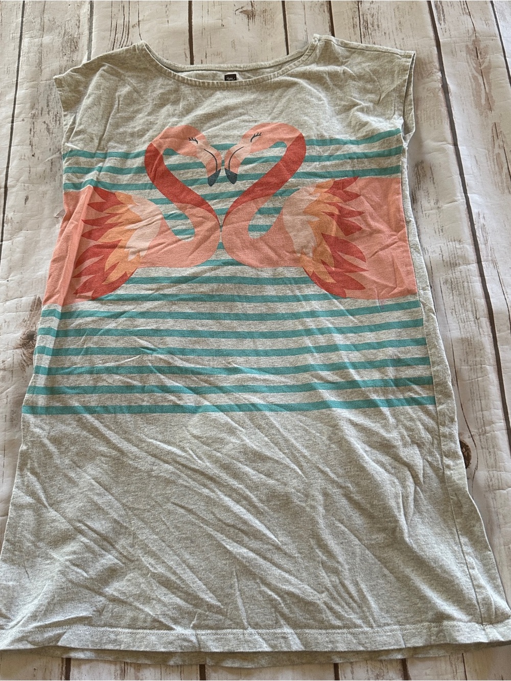 Tea Collection flamingo dress fair fade and couple stains, size 7